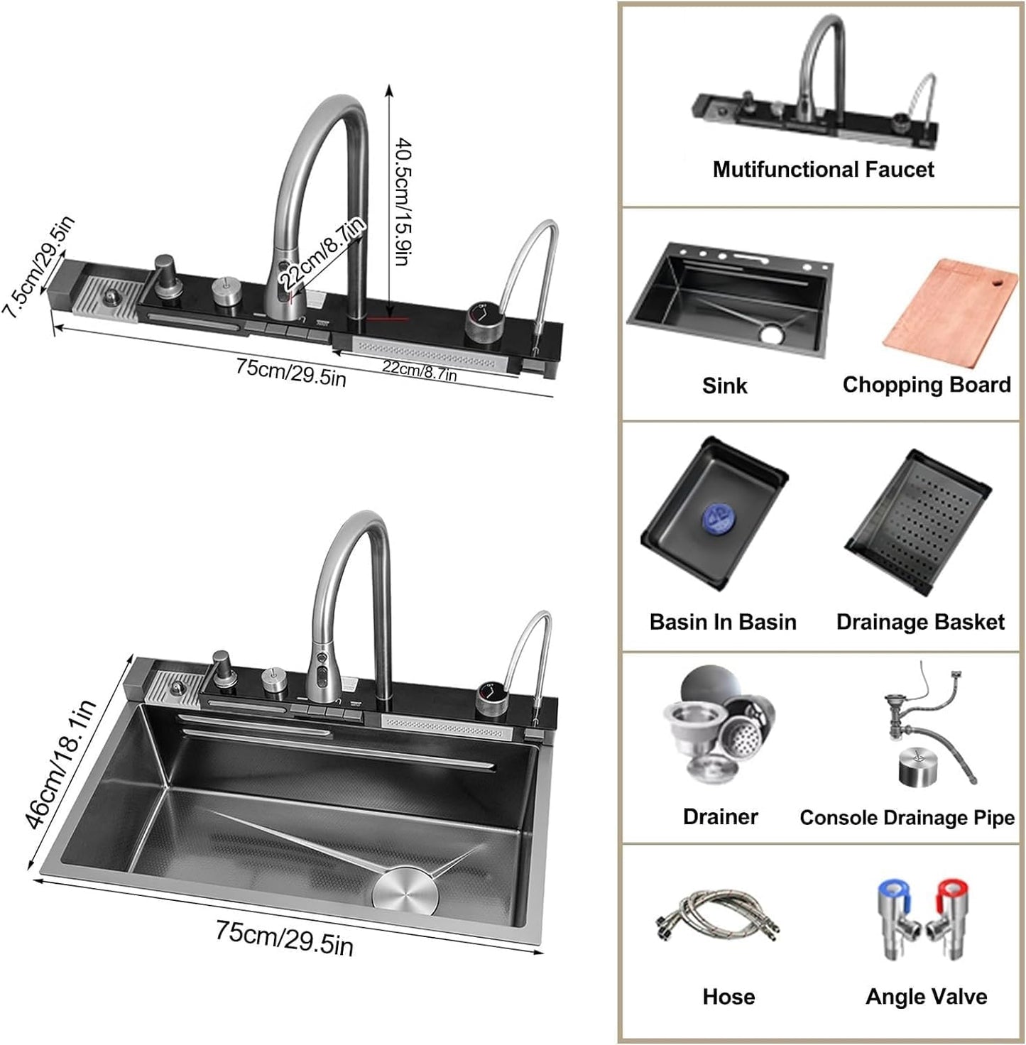 Nano Black Single Bowl Kitchen Sink with Integrated Workstation & Dual Waterfalls (29.5 x 17.7 x 8.7 INCH)