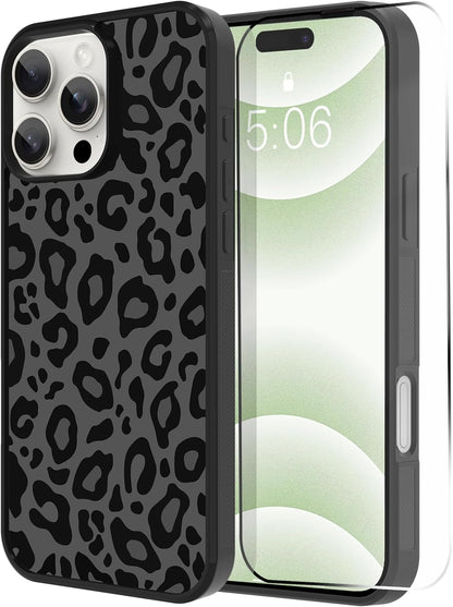 Leopard Print Phone Case - Compatible with iPhone 16 Pro, Cute Black Leopard Print Cheetah Pattern + Screen Protector, Shockproof Anti-Skid Cover for Girls Women