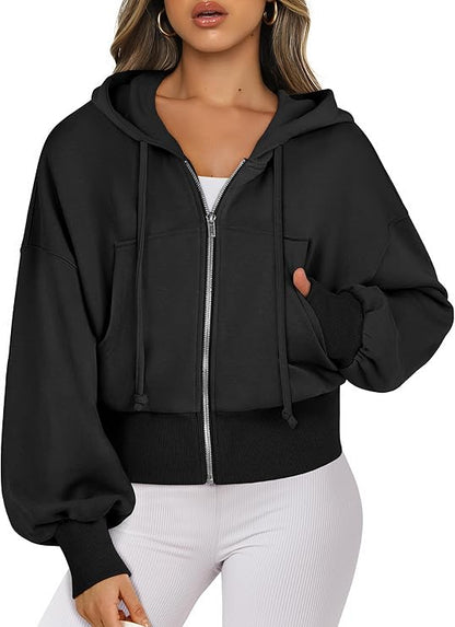 2024 Women's Cropped Zip-Up Hoodies – Casual Full Zip Sweatshirts with Pockets for Fall Y2K Fashion, Black