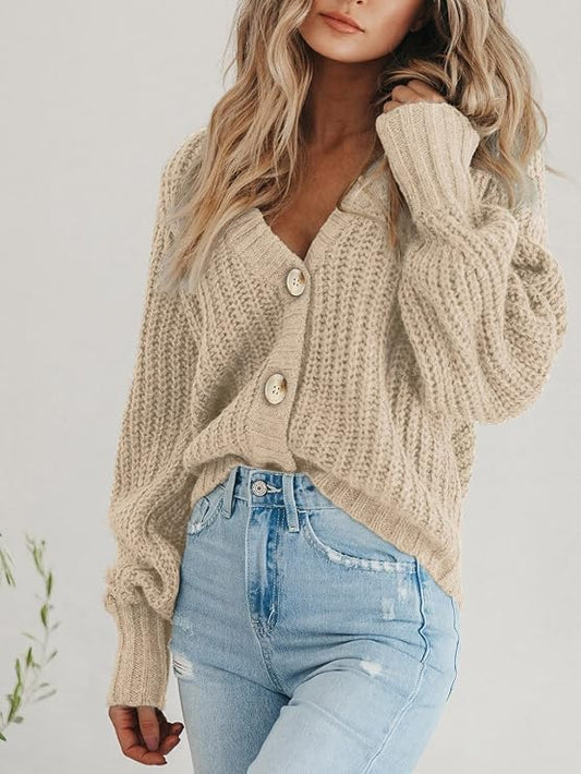 Women's Loose Fit Chunky Knit Open Front Cardigan – Long Sleeve Button-Up Sweater Coat, Apricot