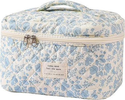 Large Blue Floral Makeup Bag, Travel Quilted Cotton Makeup Bag for Women