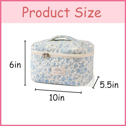 Large Blue Floral Makeup Bag, Travel Quilted Cotton Makeup Bag for Women