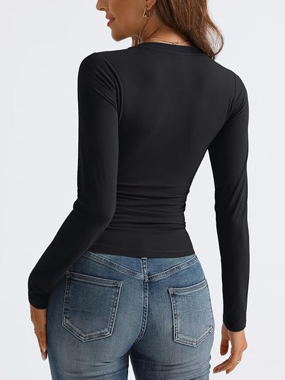 2024 Fall Fashion Women's Long Sleeve V-Neck Crop Tops - Slim Fit Y2K Layering Essentials