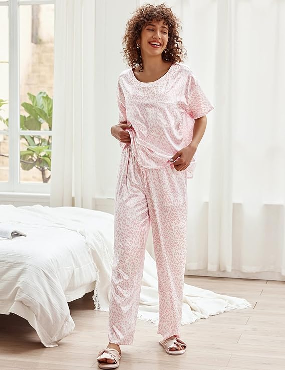 Womens Satin Silky Pajama Set - Short Sleeve Shirt and Long Pant Set, Soft PJ Loungewear for Pairing with Womens Leopard Print Pajamas, Medium