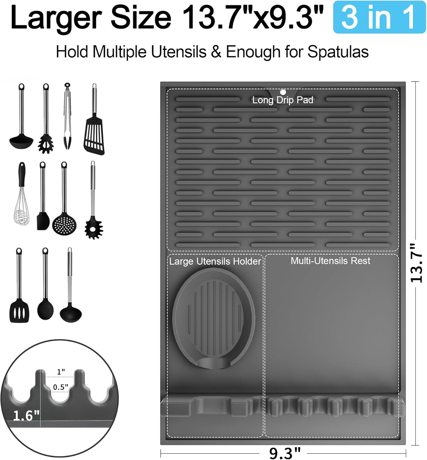 Large Silicone Spoon Rest, Drip Mat, Utensil Holder, Kitchen Gifts, 13.7"x9.3" CA Ticaret