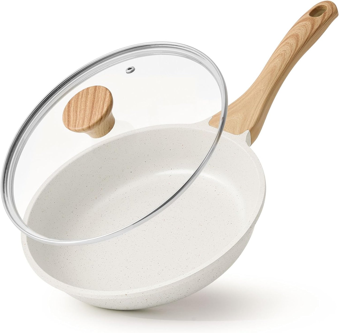 Frying Pan, White Nonstick Ceramic Skillet, Healthly Non Toxic Chef Pan, Skillet with Lid (8") CA Ticaret