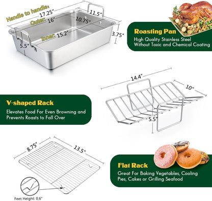 Stainless Steel Roasting Pan With V-shaped Rack, Dishwasher Safe, 16"x11.5" CA Ticaret