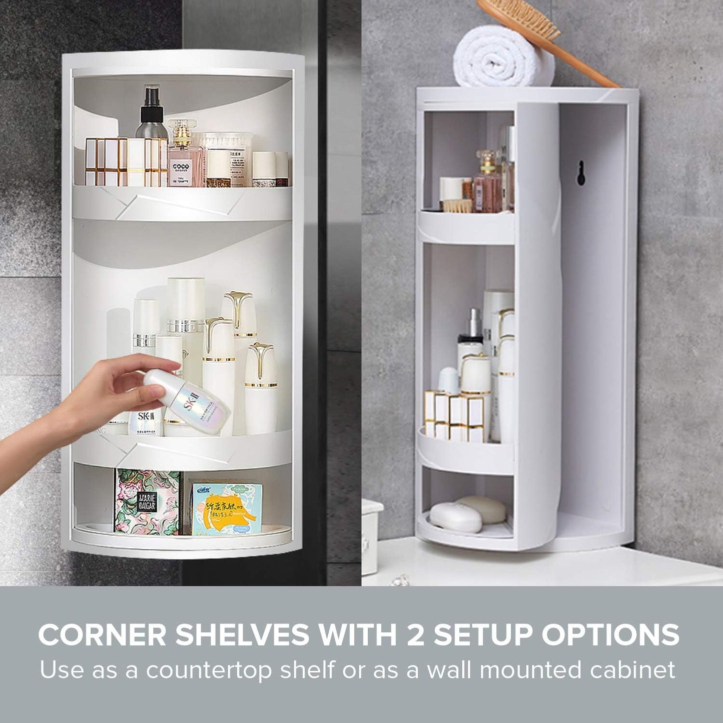 Compact Corner Vanity Organizer - 24"x8.75"x8.75" Rotating 2-Tier Storage Cabinet - Versatile Countertop or Wall Shelf - White Hidden Storage Solution