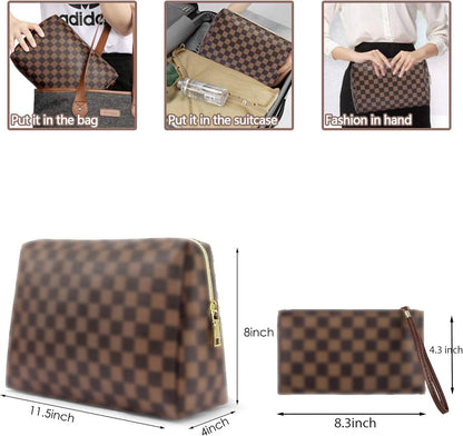 Checkered Leather Makeup Bag Set, 2 Pcs Large & Small, Waterproof, Travel, Brown