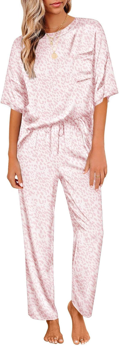 Womens Satin Silky Pajama Set - Short Sleeve Shirt and Long Pant Set, Soft PJ Loungewear for Pairing with Womens Leopard Print Pajamas, Medium