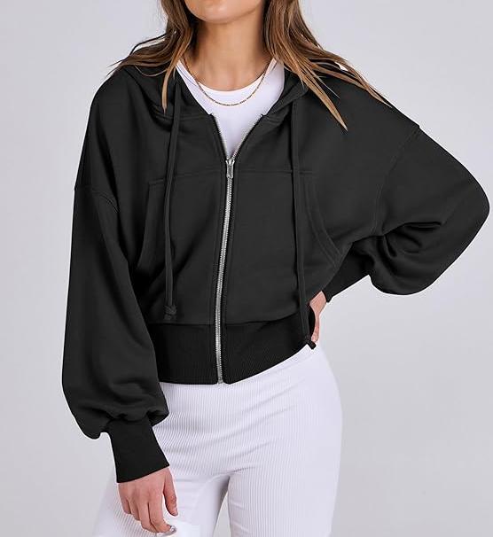 2024 Women's Cropped Zip-Up Hoodies – Casual Full Zip Sweatshirts with Pockets for Fall Y2K Fashion, Black