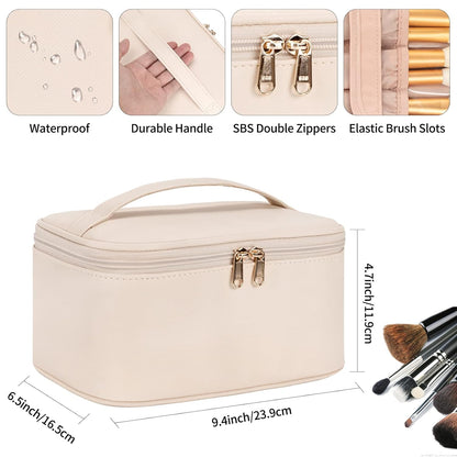 Large Beige Leather Makeup Bag, Makeup Case Organizer, Toiletry Bag, Travel, with Handle & Divider