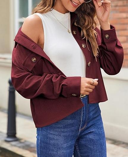 Trendy 2024 Women's Cropped Corduroy Shacket – Button-Down Long Sleeve Jacket Tops, Burgundy