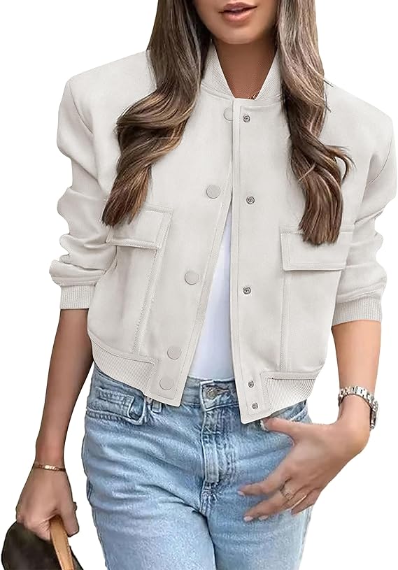 Women's Cropped Button-Up Bomber Jacket – Trendy Varsity Shacket with Pockets for Fall, Travel, Beige