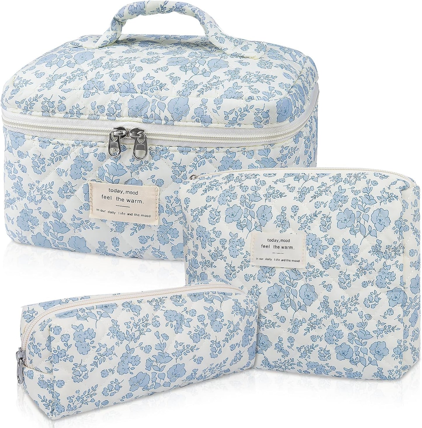 Floral Makeup Bag Set, Large Medium Small 3 Pcs Quilted Makeup Bag Set, Travel, Blue Flower, Toiletry, Cotton