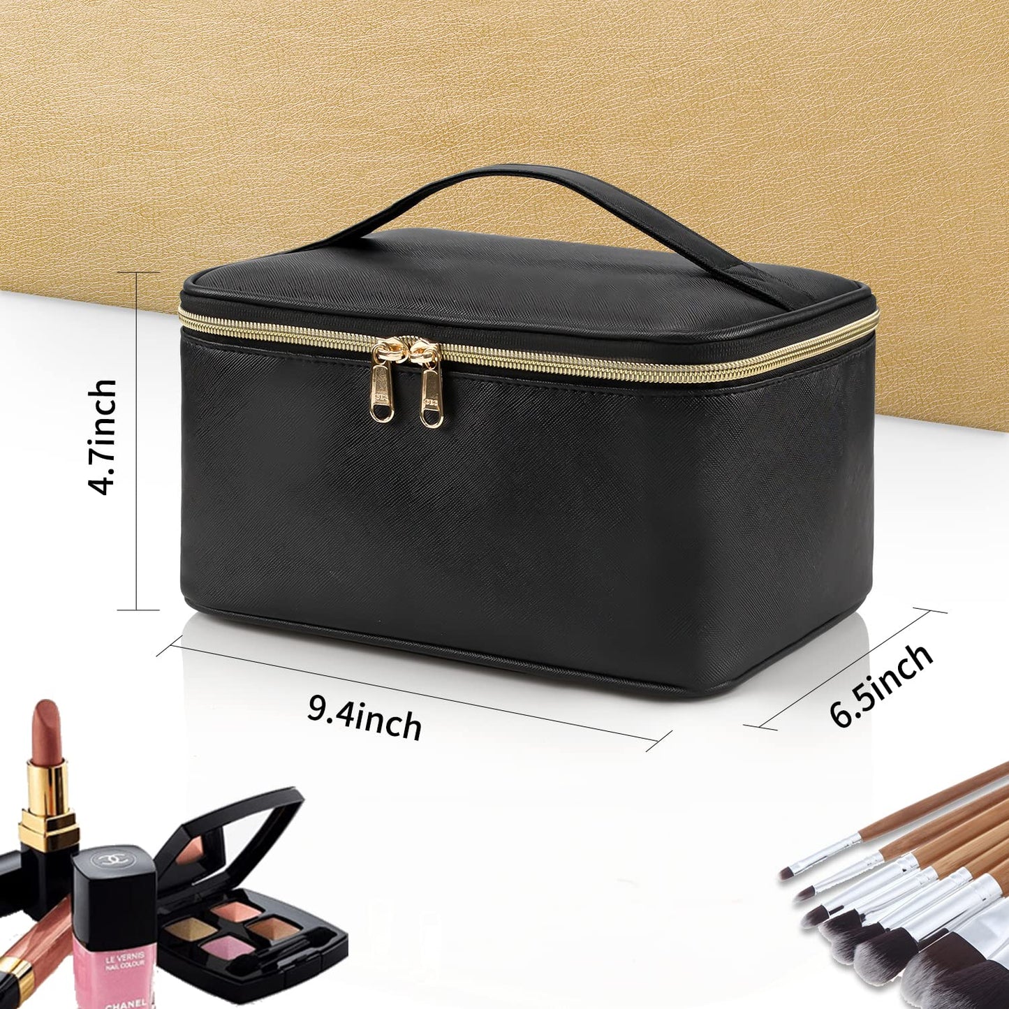 Black Large Makeup Bag, Travel Makeup Case Organizer, Portable Cosmetic Bag, Women Toiletry Bag for Girls Traveling