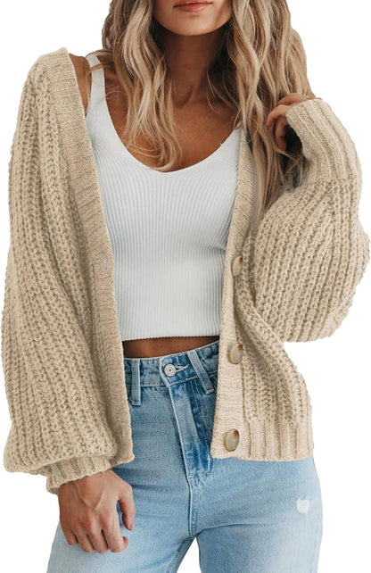 Women's Loose Fit Chunky Knit Open Front Cardigan – Long Sleeve Button-Up Sweater Coat, Apricot