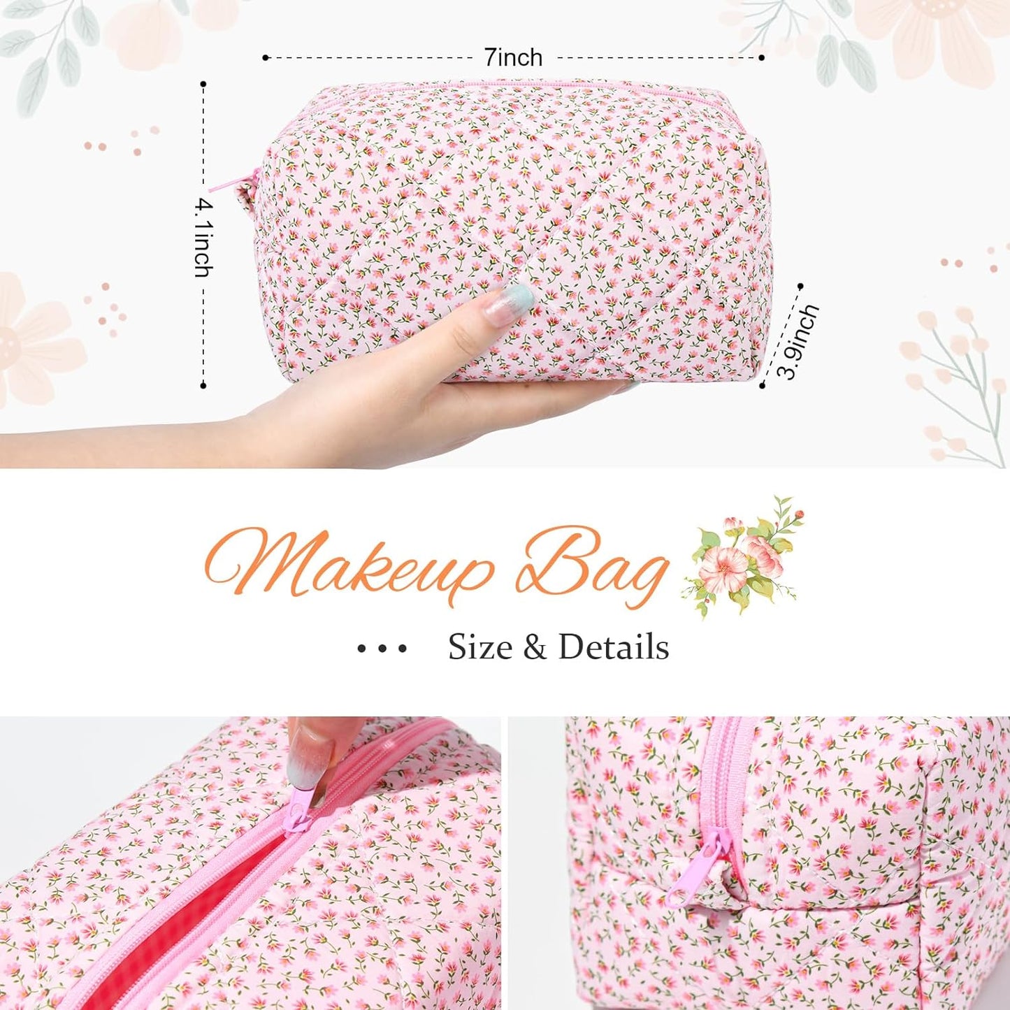 Pink Floral Makeup Bag, Quilted, Cute, Puffy Coquette Makeup Pouch, Travel, Cotton, Small