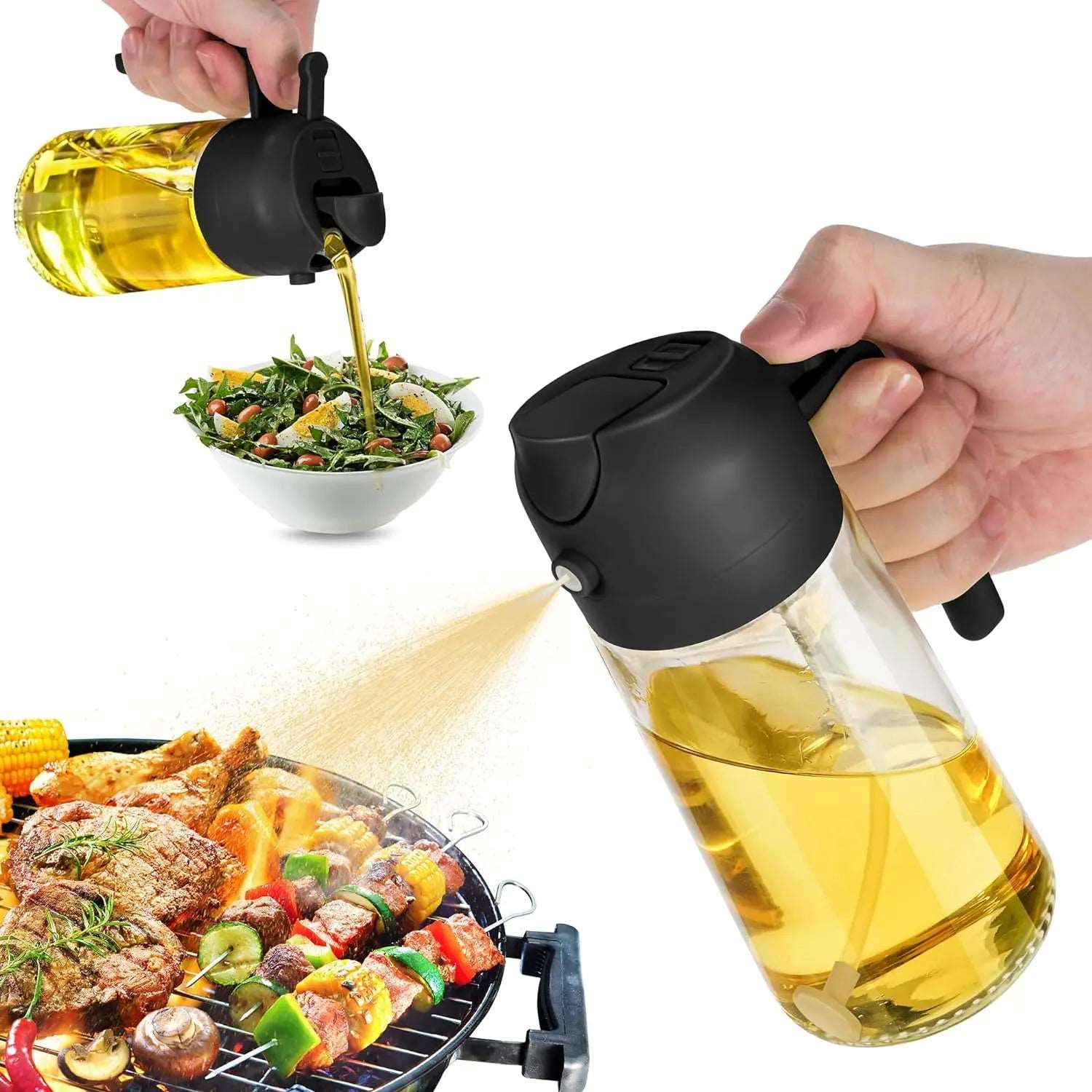 16oz Oil Dispenser Bottle for Kitchen - 2 in 1 Olive Oil Dispenser and Oil Sprayer - 470ml Olive Oil Bottle - Oil Sprayer for Cooking, Kitchen, Salad, Barbecue Black CA Ticaret