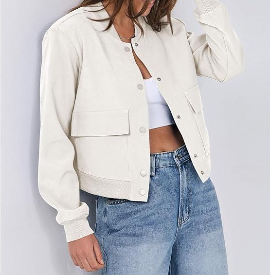 Women's Cropped Button-Up Bomber Jacket – Trendy Varsity Shacket with Pockets for Fall, Travel, Beige