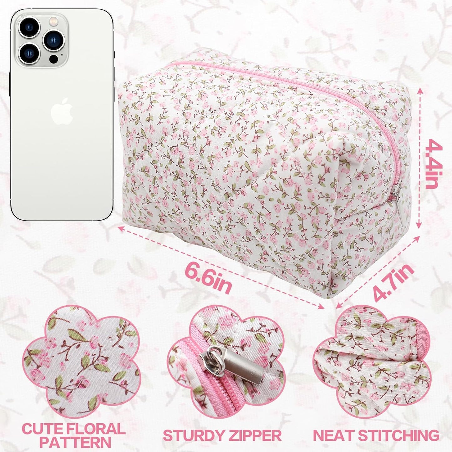 Pink Floral Makeup Bag, Cotton Quilted Cute Makeup Bag, Travel Coquette Portable Makeup Bag, Small