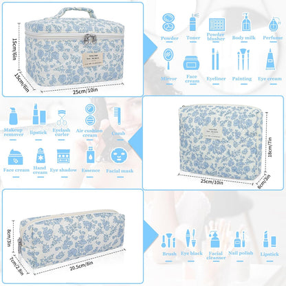 Floral Makeup Bag Set, Large Medium Small 3 Pcs Quilted Makeup Bag Set, Travel, Blue Flower, Toiletry, Cotton