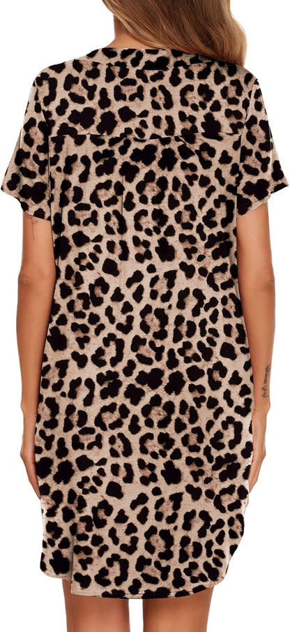 Women V Neck Button Down Nightgown - Stylish Choice for Womens Leopard Print Pajamas, Medium