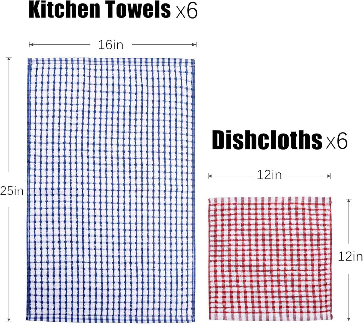 12 Pack Dishcloths, 6 Piece 16"x25", 6 Piece 12"x12", Cotton, Kitchen Towels, Perfect for Cleaning CA Ticaret