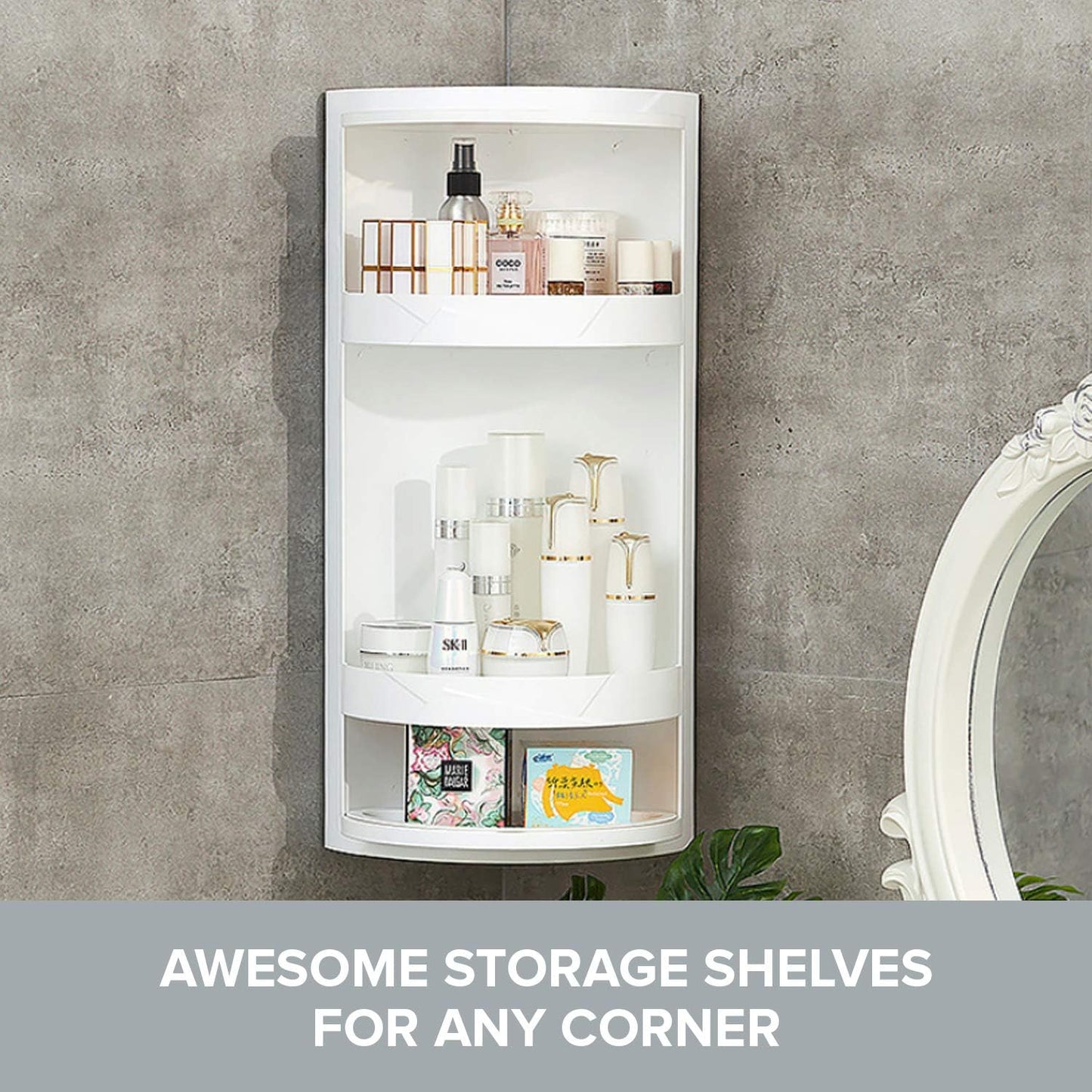 Compact Corner Vanity Organizer - 24"x8.75"x8.75" Rotating 2-Tier Storage Cabinet - Versatile Countertop or Wall Shelf - White Hidden Storage Solution