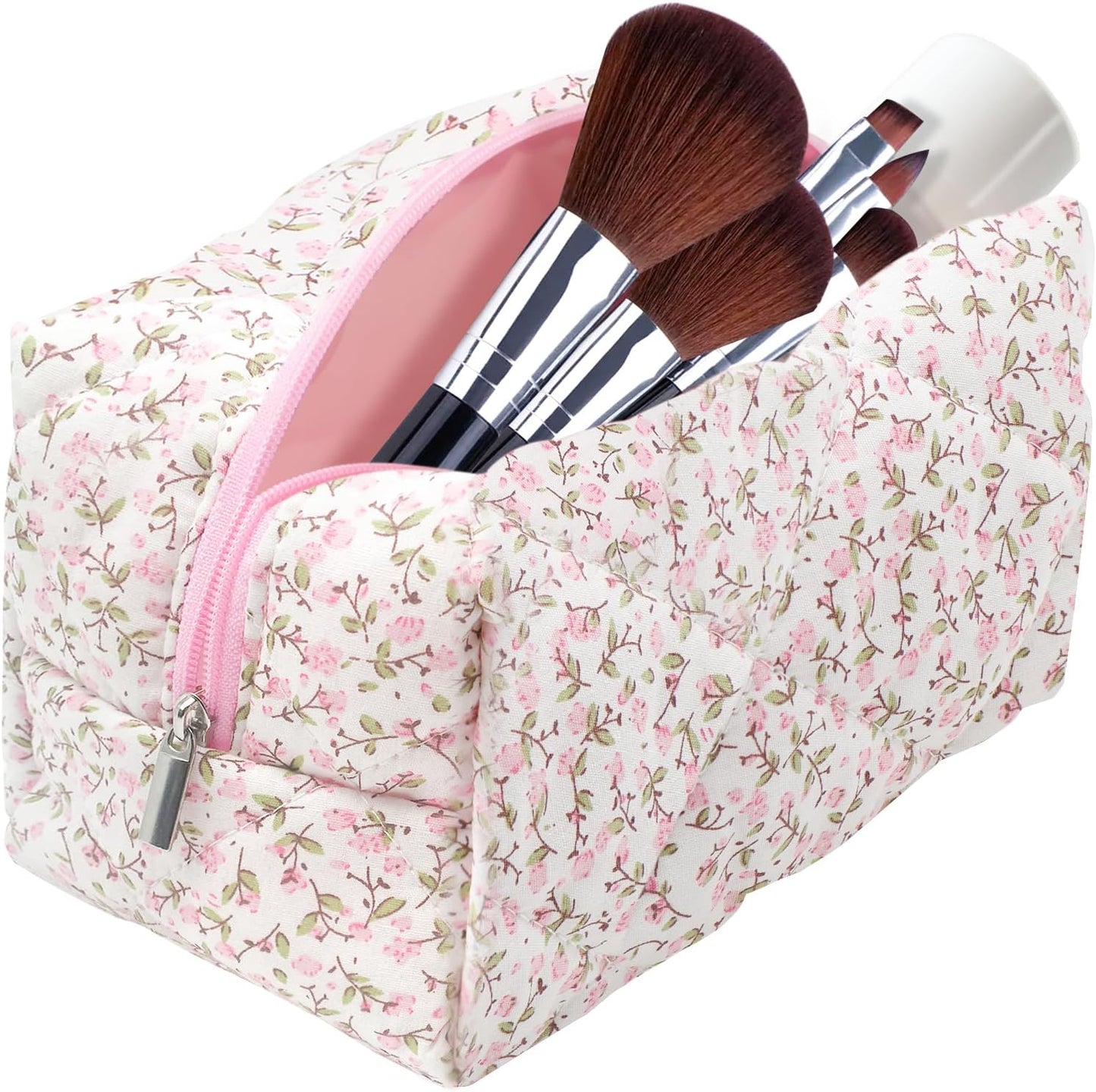 Pink Floral Makeup Bag, Cotton Quilted Cute Makeup Bag, Travel Coquette Portable Makeup Bag, Small