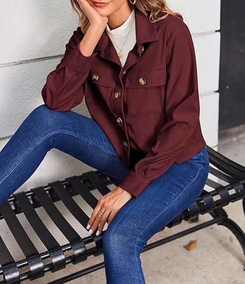 Trendy 2024 Women's Cropped Corduroy Shacket – Button-Down Long Sleeve Jacket Tops, Burgundy