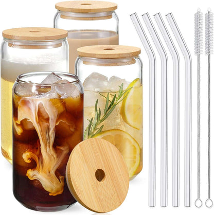 4 Pack Drinking Glass With Bamboo Lids & Glass Straws & Cleaning Brushes, Kitchen Gifts, Borosilicate Glass, 16 oz, 5.8"x3" CA Ticaret