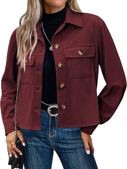 Trendy 2024 Women's Cropped Corduroy Shacket – Button-Down Long Sleeve Jacket Tops, Burgundy