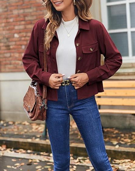 Trendy 2024 Women's Cropped Corduroy Shacket – Button-Down Long Sleeve Jacket Tops, Burgundy