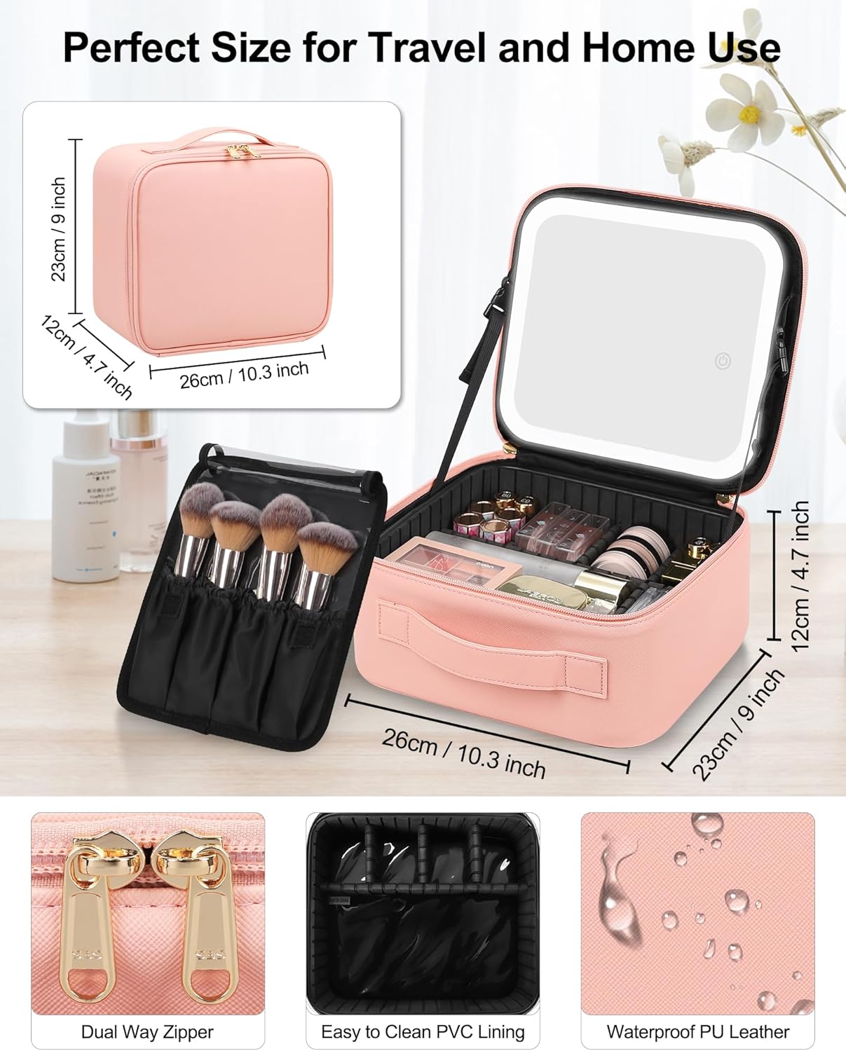 Pink Large Makeup Bag with LED Mirror, Travel Makeup Case for Women, 3 Color Lights, Adjustable Dividers & Brush Holder