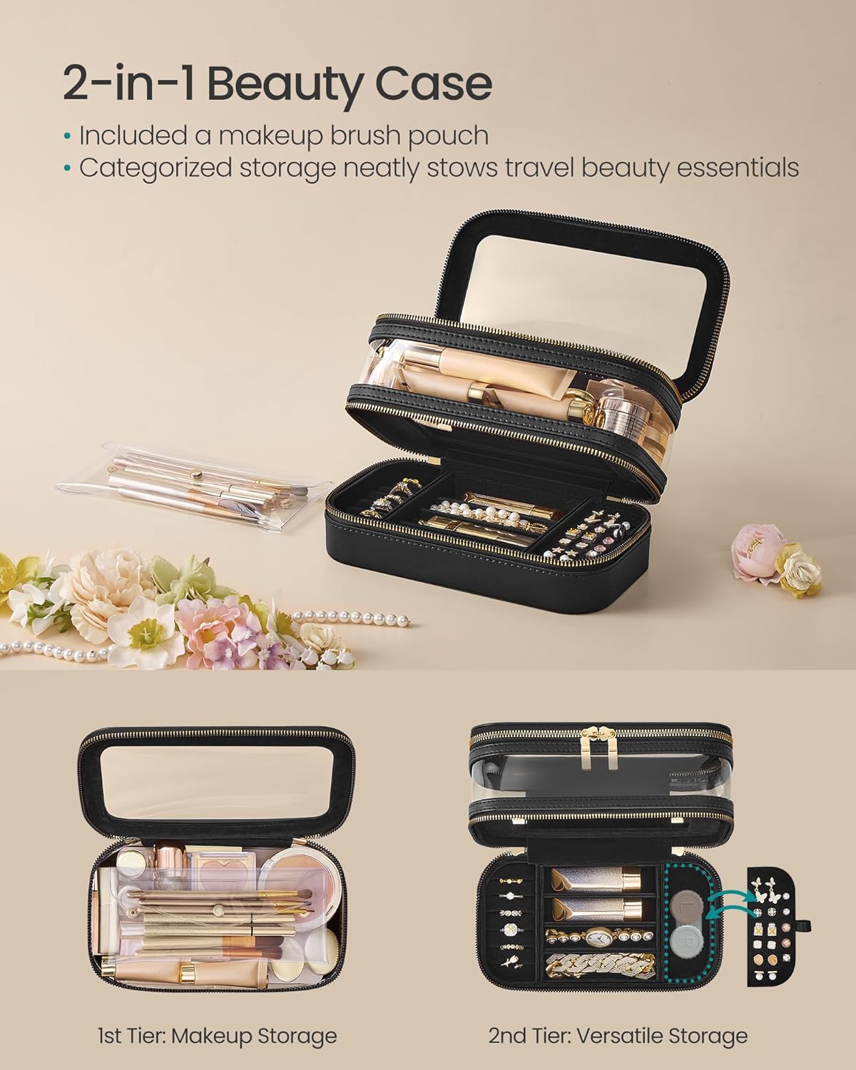 Black Makeup With Mirror, Travel Makeup Bag, with Jewelry Storage and Separate Brush Storage Pouch, Cosmetic Bag with Transparent Window