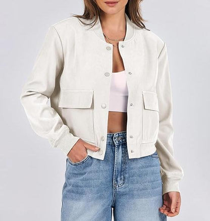 Women's Cropped Button-Up Bomber Jacket – Trendy Varsity Shacket with Pockets for Fall, Travel, Beige