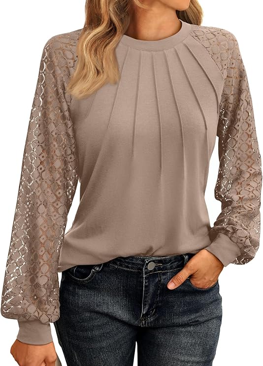 Women's Khaki Long Sleeve Lace Blouse - Knitted Y2K Business Casual Tops for Fall 2024