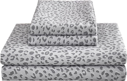 Leopard Cheetah Printed Queen Bed Sheets and Pillowcases - Soft Microfiber Bedding with Deep Pocket Non-Slip Fitted Sheet, Perfect for Leopard Comforter Set, Silver Grey Animal Pattern