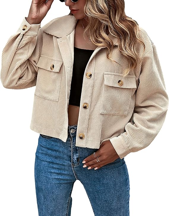 Casual Cropped Corduroy Shacket with Plaid Design – Button-Down Long Sleeve Jacket for Women, Apricot