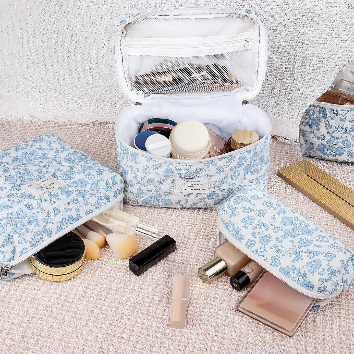 Floral Makeup Bag Set, Large Medium Small 3 Pcs Quilted Makeup Bag Set, Travel, Blue Flower, Toiletry, Cotton