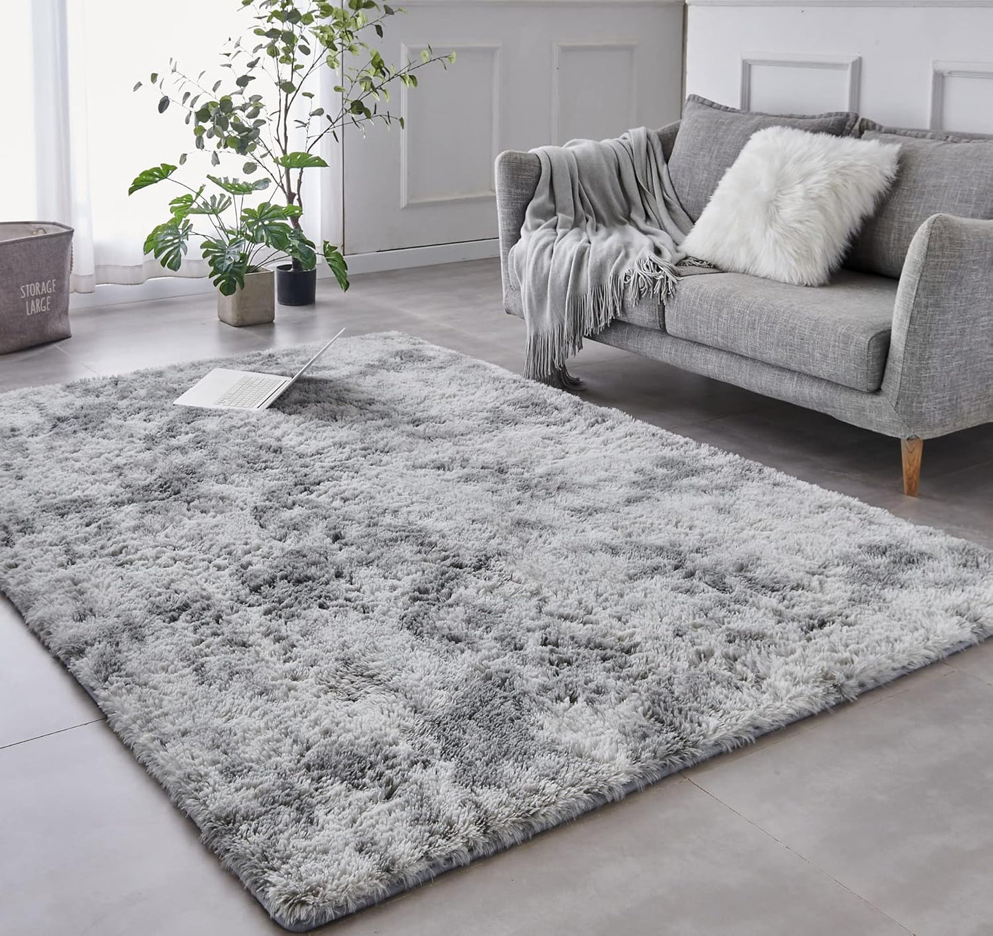 Shag Area Rug 5x7, Durable Tie-Dyed Light Grey Area Rugs for Living Room and Nursery, Anti-Skid High Pile Soft Throw Rug