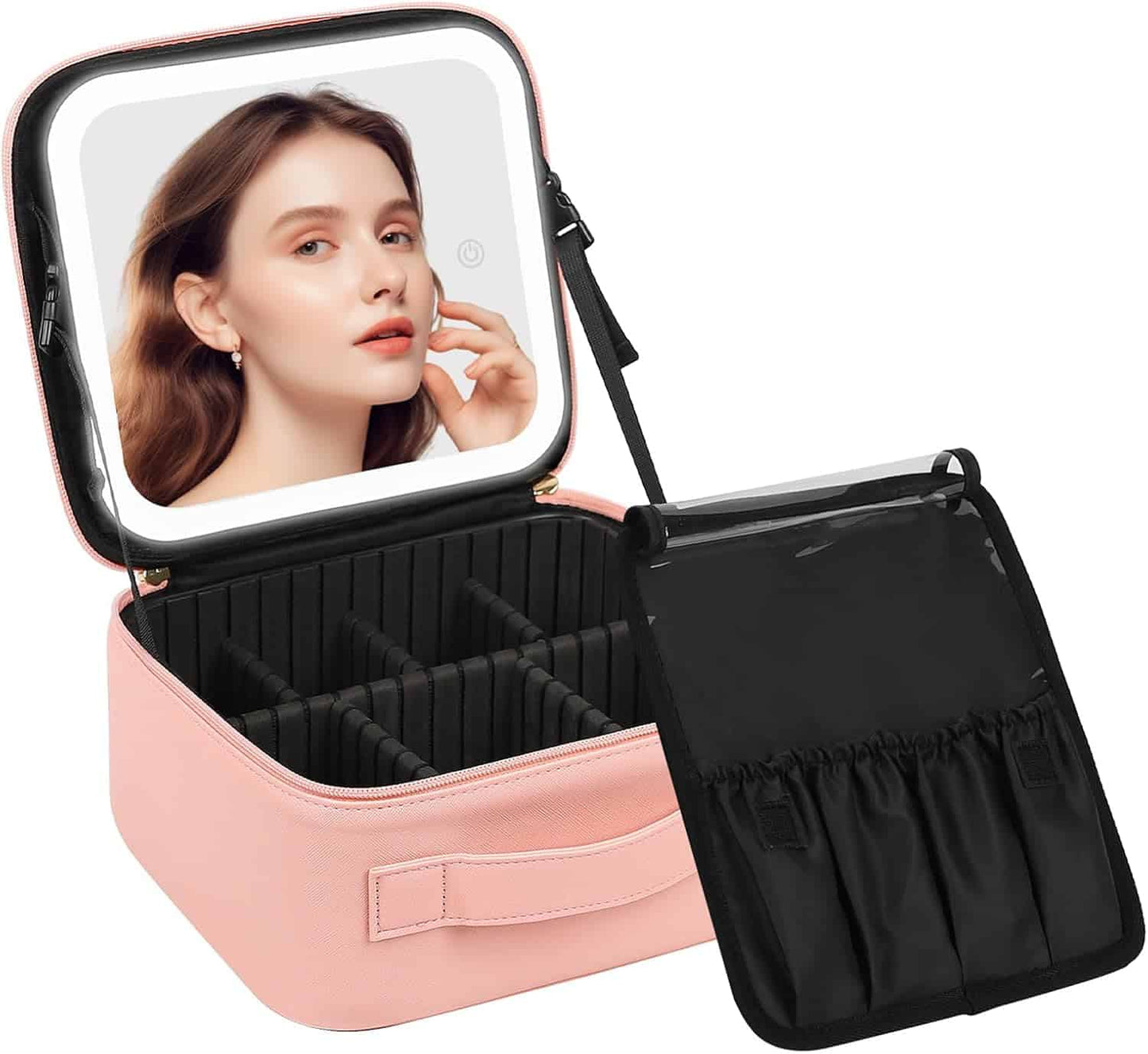 Pink Large Makeup Bag with LED Mirror, Travel Makeup Case for Women, 3 Color Lights, Adjustable Dividers & Brush Holder