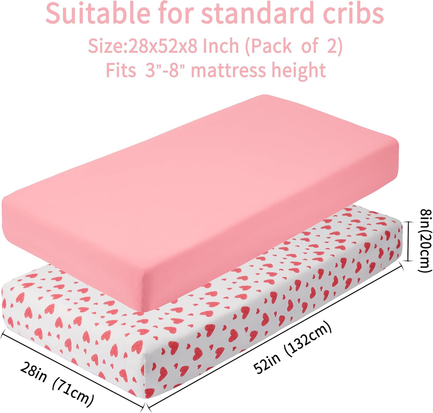 2-Pack Crib Sheets Girl, Fitted Soft Microfiber Sheets for Standard Crib and Toddler Mattress, 52x28x8in, in Love & Pink