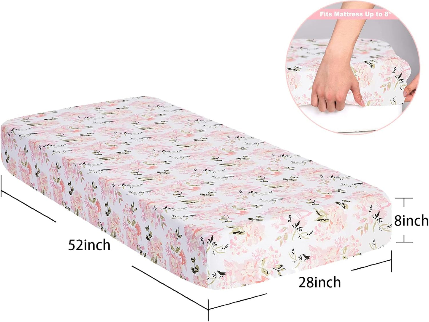 2-Pack Crib Sheets Girl, Floral Print Fitted Sheets for Standard Crib & Toddler Mattress, 28x52 inches, in Pink and Floral Design