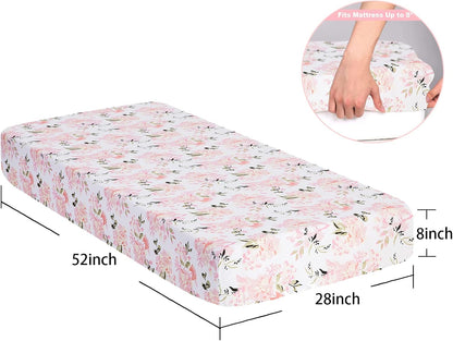 2-Pack Crib Sheets Girl, Floral Print Fitted Sheets for Standard Crib & Toddler Mattress, 28x52 inches, in Pink and Floral Design