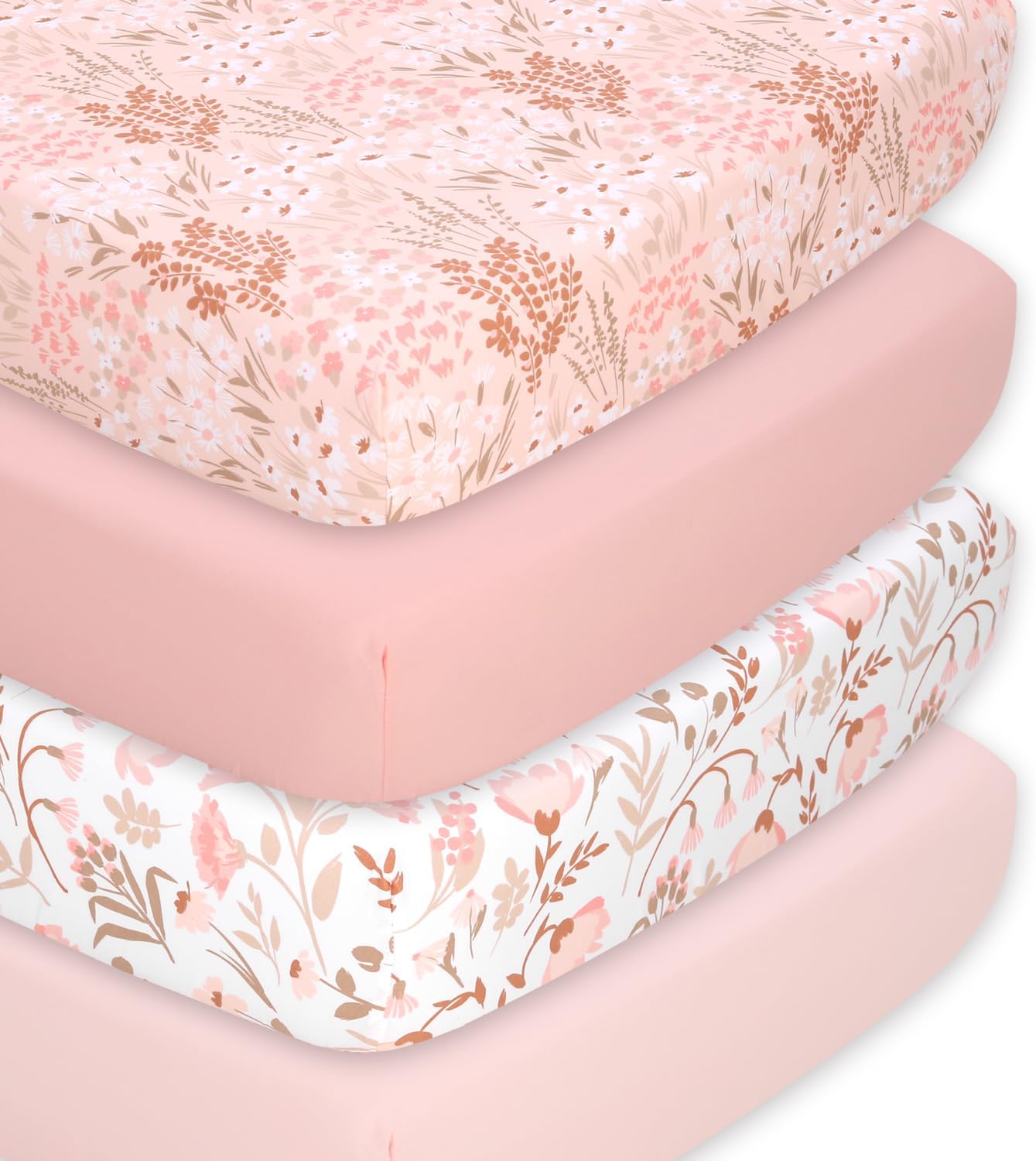 4-Pack Crib Sheets Girl, Fitted Vintage Floral Baby Sheets for Standard Crib Mattresses, 52x28, in Pink, White, and Beige