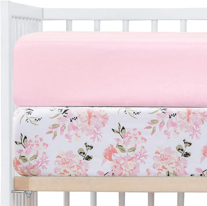 2-Pack Crib Sheets Girl, Floral Print Fitted Sheets for Standard Crib & Toddler Mattress, 28x52 inches, in Pink and Floral Design