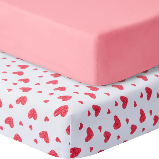 2-Pack Crib Sheets Girl, Fitted Soft Microfiber Sheets for Standard Crib and Toddler Mattress, 52x28x8in, in Love & Pink