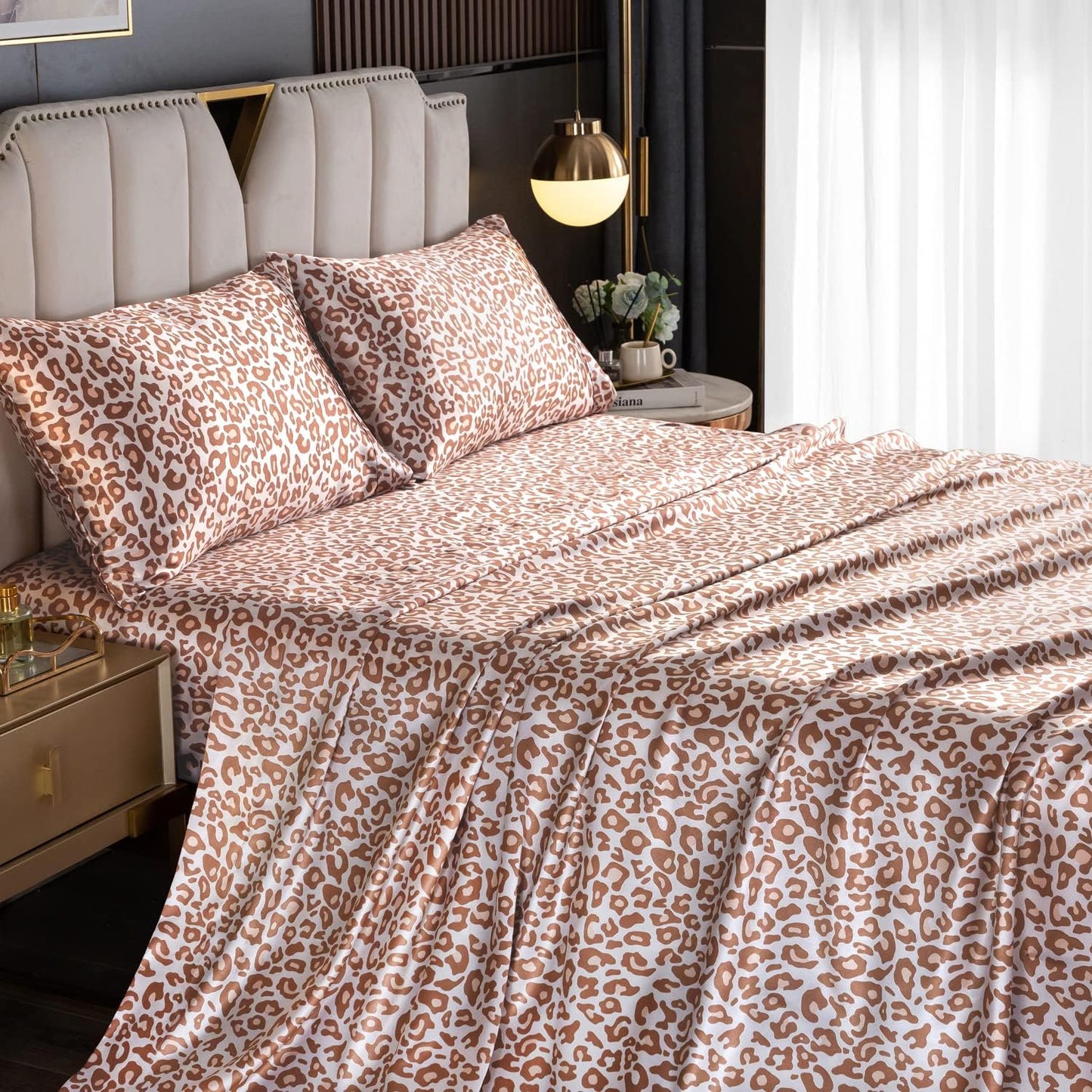 Luxury Leopard Comforter Set and Queen Satin Sheet Set - Silky Soft Cooling Bed Sheets with Deep Pockets and Cheetah Print, 90 GSM (4 Piece, Beige Leopard)